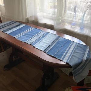 以下が含まれることがあります： さまざまな色合いの青いデニム生地のストリップから作られた長方形のテーブルランナー。端がほつれており、縫い目が見える状態で、ダークブラウンの木製ダイニングテーブルの表面に平らに置かれています。