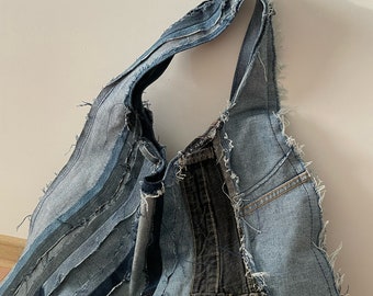 Bolso de patchwork de mezclilla Bolso de jeans reciclados Bolso grande de mezclilla Bordes deshilachados