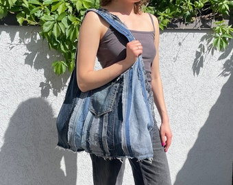 Upcycled denim bag for women Summer denim large tote Patchwork bag Vintage style purse Everyday bag with Levis pocket Sustainable gift