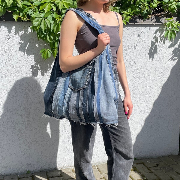 Upcycled denim bag for women Summer denim large tote Patchwork bag Vintage style purse Everyday bag with Levis pocket Sustainable gift