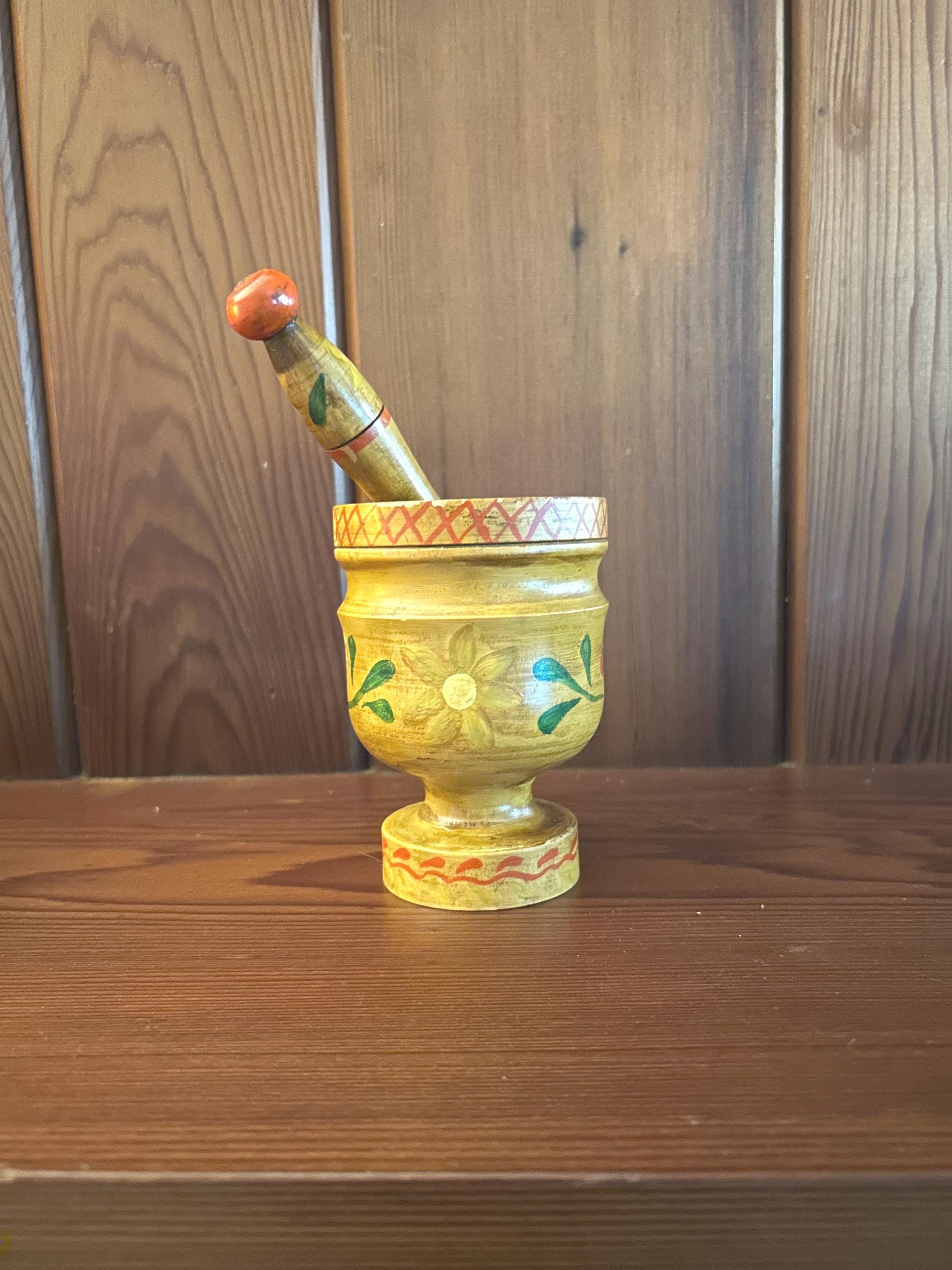 Vintage Wooden Mortar and Pestle, Italy - E-mosaik 1970s Italian mortar and pestal set display picture 1