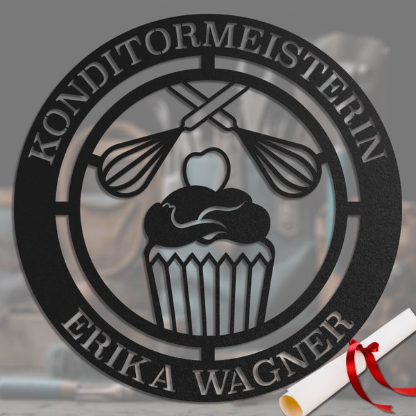 Zunftzeichen Konditor – Personalisiertes Metallschild, Kreatives Wandelement für Patisserien, Geschenk für Süßwarenmeister & Backkünstler