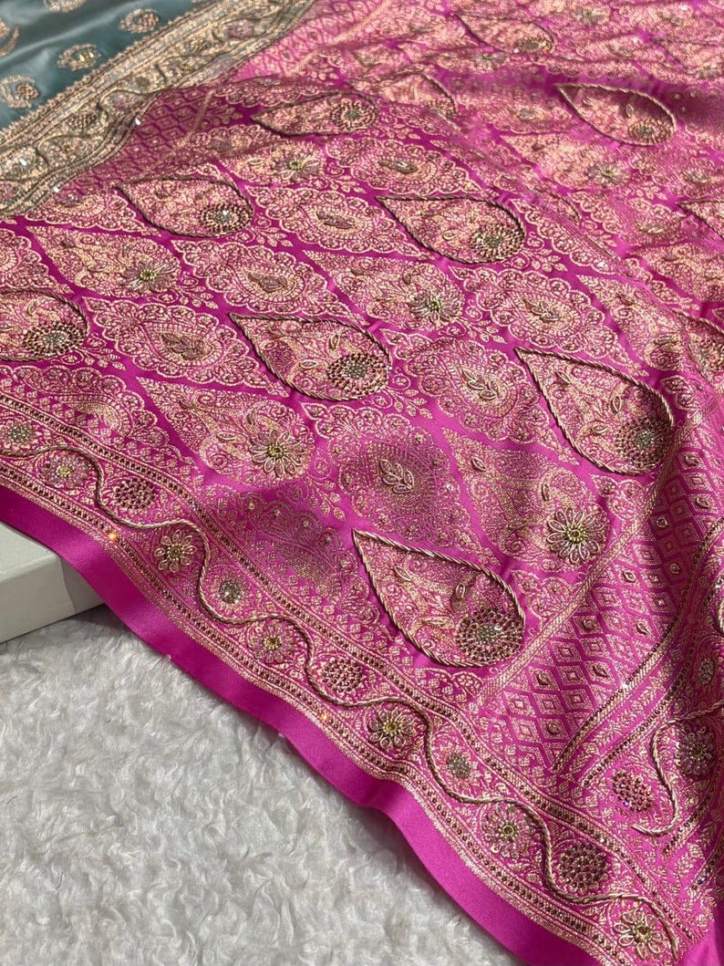 Turquoise Shades Mashru Katan Banarasi Silk Saree With Swarovski and Zardozi Work: Indian Wedding image 5