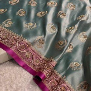 Turquoise Shades Mashru Katan Banarasi Silk Saree With Swarovski and Zardozi Work: Indian Wedding image 2