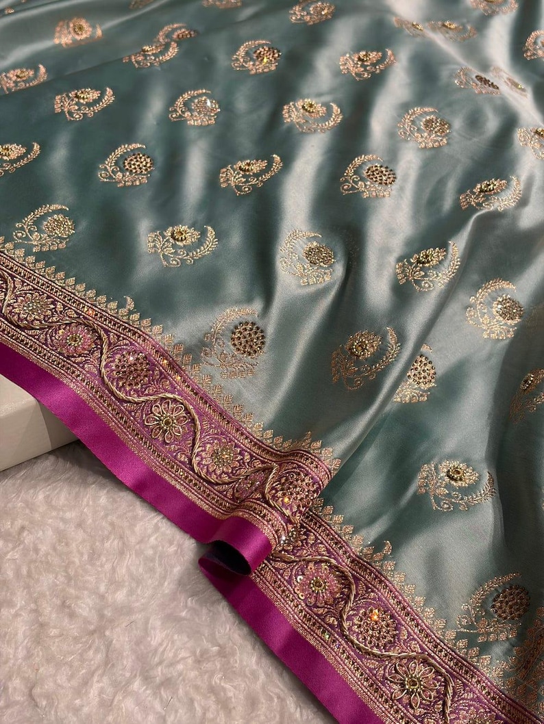 Turquoise Shades Mashru Katan Banarasi Silk Saree With Swarovski and Zardozi Work: Indian Wedding image 2