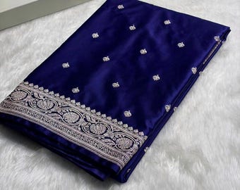 Navy Blue Booti Mashru Katan Banarasi Silk Saree: Indian Wedding Saree