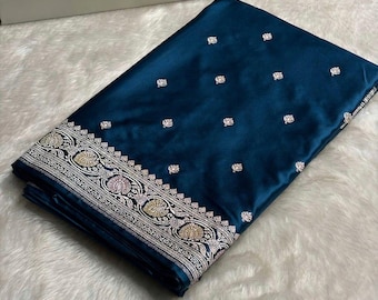 German Blue Banarasi Silk Saree: Mashru Katan Meenakari Work