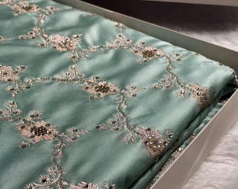 Powder Blue Banarasi Silk Saree: Mashru Katan Weave, With Swarovski And Zardozi Work