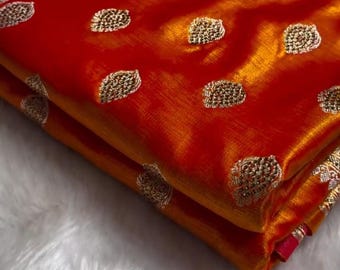Orange Banarasi Silk Saree: Mashru Katan, Swarouvski Work, Indian Wedding Saree