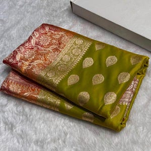 Handwoven Mashru Katan Banarasi Silk Saree: Olive Green & Red Meenakari Work