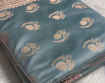 Turquoise Shades Floral Boota Mashru Katan Banarasi Silk Saree: Indian Wedding Saree