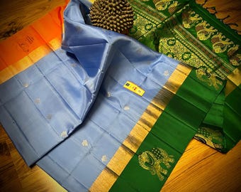 Sky Blue Kanchipuram Silk Saree: Handwoven Indian Wedding Sari