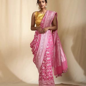 Pink Colour Floral Work Pure Khadi Georgette Banarasi Saree |Indian Traditional Ethnic Saree | Wedding or Party Wear Saree.