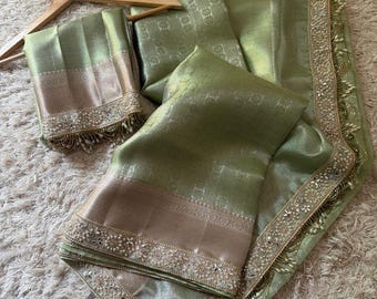 Pesta Green Banarasi Tissue Silk Saree: Handwoven Indian Wedding Saree