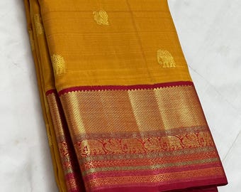 Mustard Yellow Kanchipuram Silk Saree: Handwoven Indian Wedding Sari