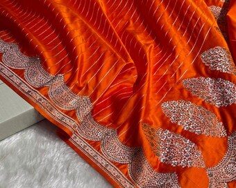Orange Floral Banarasi Silk Saree: Bridal Indian Wedding Sari