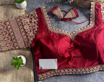 Maroon Italian Silk Blouse: Copper Zari Embroidery, Indian Wedding Wear