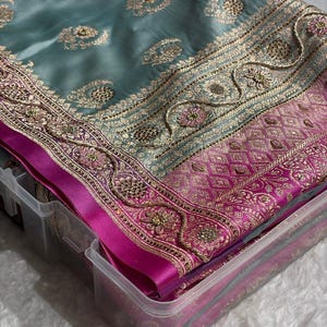 Turquoise Shades Mashru Katan Banarasi Silk Saree With Swarovski and Zardozi Work: Indian Wedding image 1