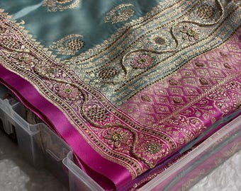 Turquoise Shades Mashru Katan Banarasi Silk Saree With Swarovski and Zardozi Work: Indian Wedding