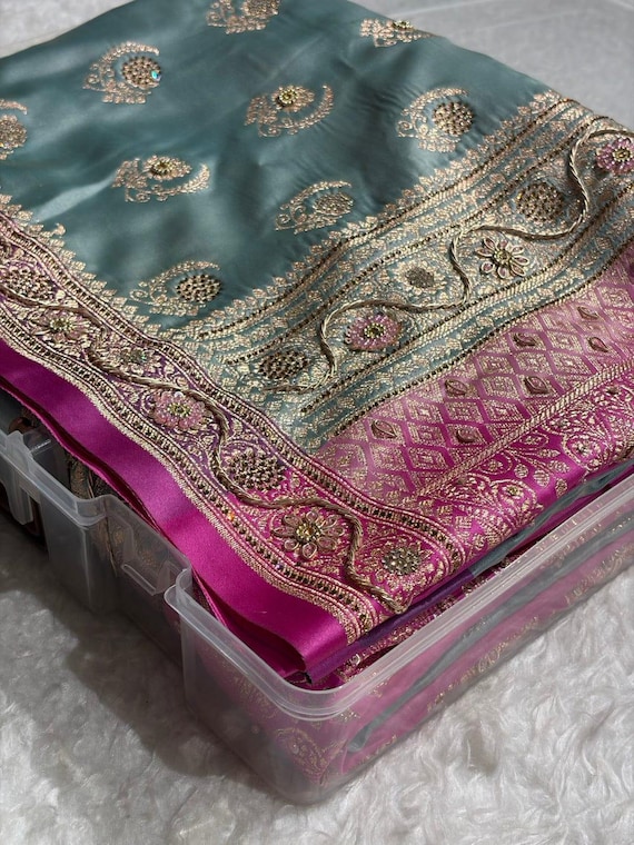 Turquoise Shades Mashru Katan Banarasi Silk Saree With Swarovski and Zardozi Work: Indian Wedding