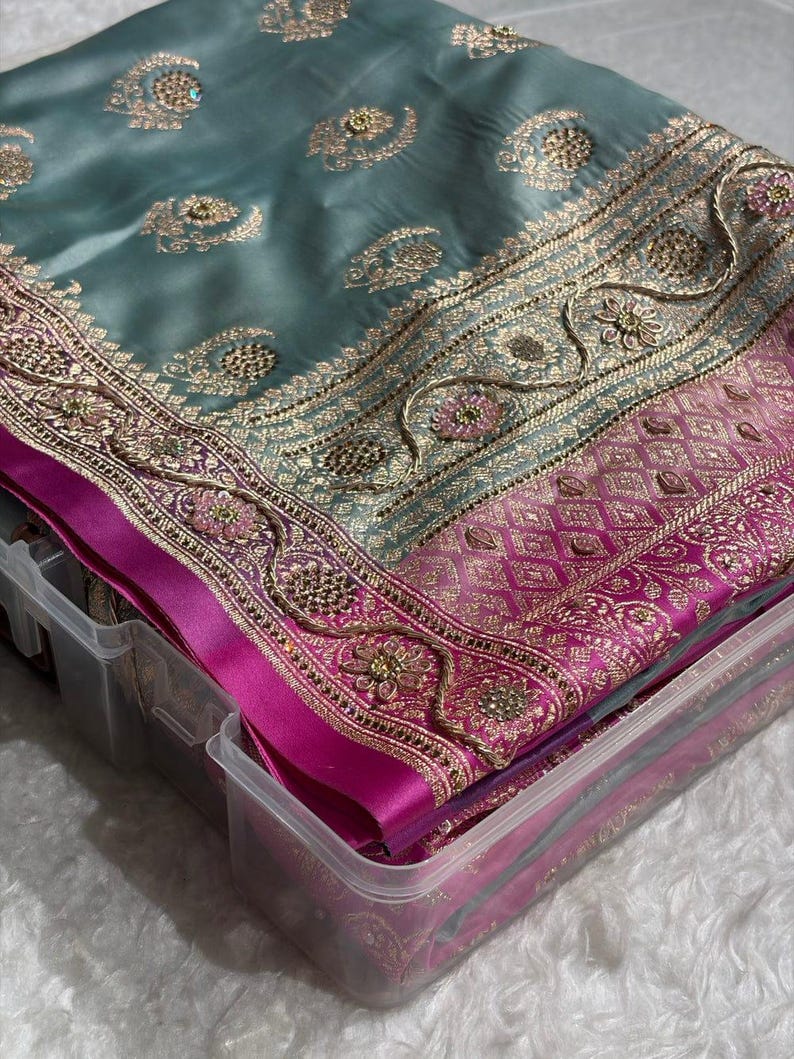 Turquoise Shades Mashru Katan Banarasi Silk Saree With Swarovski and Zardozi Work: Indian Wedding image 1