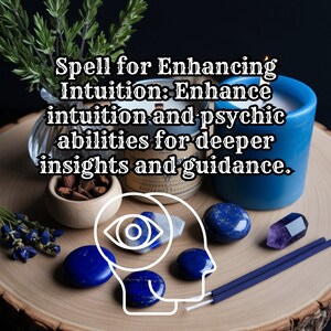 May include: A spell for enhancing intuition with blue candles, incense sticks, and blue stones. The text reads "Spell for Enhancing Intuition: Enhance intuition and psychic abilities for deeper insights and guidance."