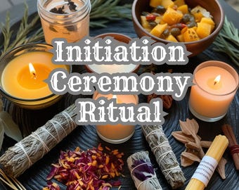 May include: A black wooden tray containing various items for a ritual or ceremony. Two lit candles, a jar of dried herbs, a bowl of fruit, and several bundles of sage are arranged on the tray. The text "Initiation Ceremony Ritual" is written in large, white letters across the centre of the image.