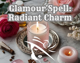 May include: A pink candle with a white candle inside is lit and surrounded by rose petals, crystals, and cinnamon sticks. The text "Glamour Spell: Radiant Charm" is displayed above the candle.