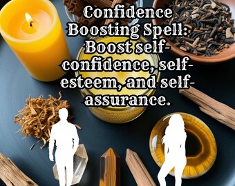 May include: A black plate with a yellow candle, a brown bowl with cinnamon sticks, a brown bowl with dried herbs, a yellow candle, a clear crystal, a brown wooden stick, a yellow and brown crystal, a brown wooden stick, a yellow and brown crystal, and a silhouette of a person standing on a yellow and brown crystal. The text "Confidence Boosting Spell: Boost self-confidence, self-esteem, and self-assurance." is written in black text on the plate.