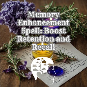 May include: A memory enhancement spell with the text "Memory Enhancement Spell: Boost Retention and Recall" on a white piece of paper with handwritten text. There are two lit candles, one yellow and one purple, and a blue crystal. The image also includes a white silhouette of a head with clouds above it.