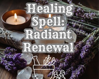 May include: A healing spell with the words "Healing Spell: Radiant Renewal" written in white text on a gray background. The image features a lit candle, lavender flowers, crystals, and a mortar and pestle.