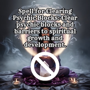 Pode incluir: Uma mulher est&aacute; sentada de pernas cruzadas sobre uma superf&iacute;cie roxa, segurando um cristal transparente em suas m&atilde;os. Ela est&aacute; cercada por fuma&ccedil;a e duas velas acesas. O texto "Spell for Clearing Psychic Blocks: Clear psychic blocks and barriers to spiritual growth and development." &eacute; exibido acima dela.