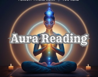 May include: A woman meditating with a glowing aura, surrounded by a golden halo. The text "Aura Reading" is displayed in a vintage font. The caption reads "Relaxed mind and focused intention: (For the divination)"