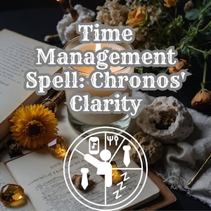 May include: A white candle with the text "Time Management Spell: Chronos' Clarity" on a gray background. The candle is surrounded by books, flowers, and a white rock.
