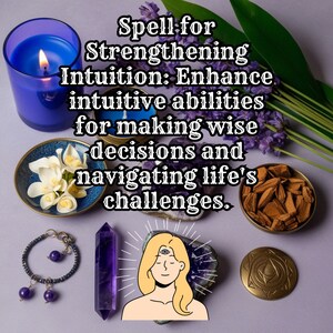 May include: A spell for strengthening intuition with a purple candle, amethyst crystals, a small bowl of dried herbs, and a drawing of a person with a third eye.