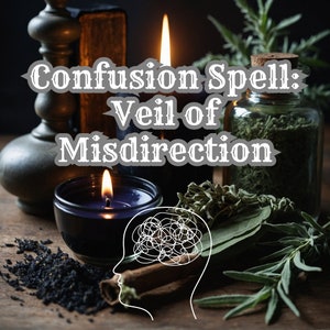 May include: A dark wooden surface with two black candles, a glass jar filled with dried herbs, and a silver candlestick. The candles are lit and the image has the text "Confusion Spell: Veil of Misdirection" superimposed on it.