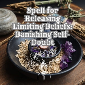 May include: A black bowl filled with dried herbs and amethyst crystals. A small white candle sits in a smaller bowl inside the larger bowl. The text "Spell for Releasing Limiting Beliefs: Banishing Self-Doubt" is written in white letters on a black background.