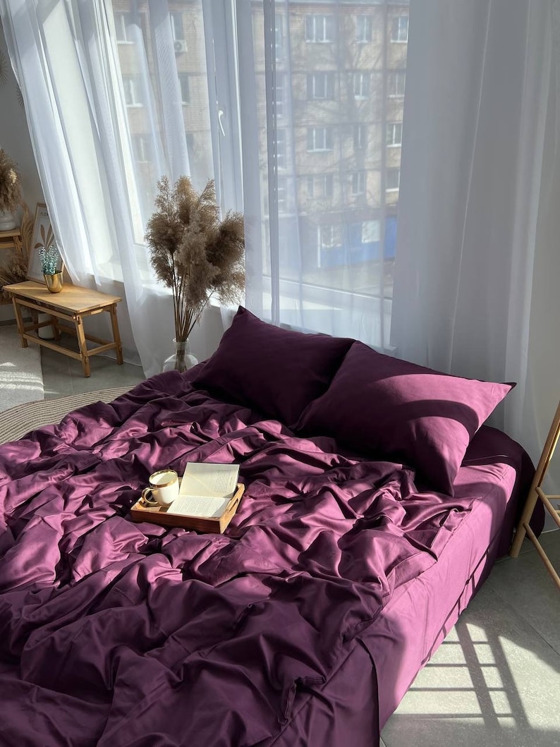 Plum Satin 100 Cotton Bedding Set 4 Pieces for Queen or King Beds