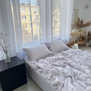 Bedding set Silver 100% OEKO-TEX certified cotton with ruffles.4 Piece Set:Duvet Cover,2 Pillowcases, Fitted Sheet or Flat Sheet.Custom Size