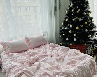 Pink Cotton Bed Linen Set with Ruffles, Full Size, OEKO-TEX Certified