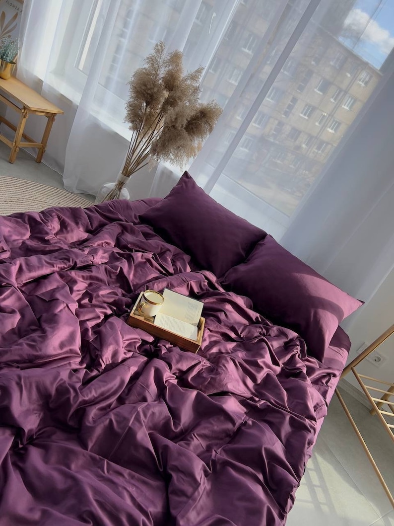 Plum Satin 100 Cotton Bedding Set 4 Pieces for Queen or King Beds