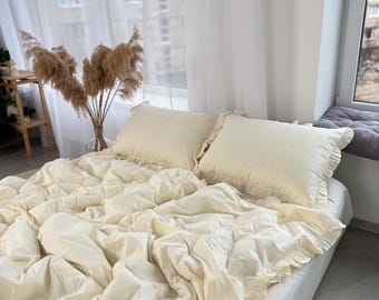 Ruffled Milk Cotton Bedding Set – 4-Piece Duvet Cover & Pillowcases