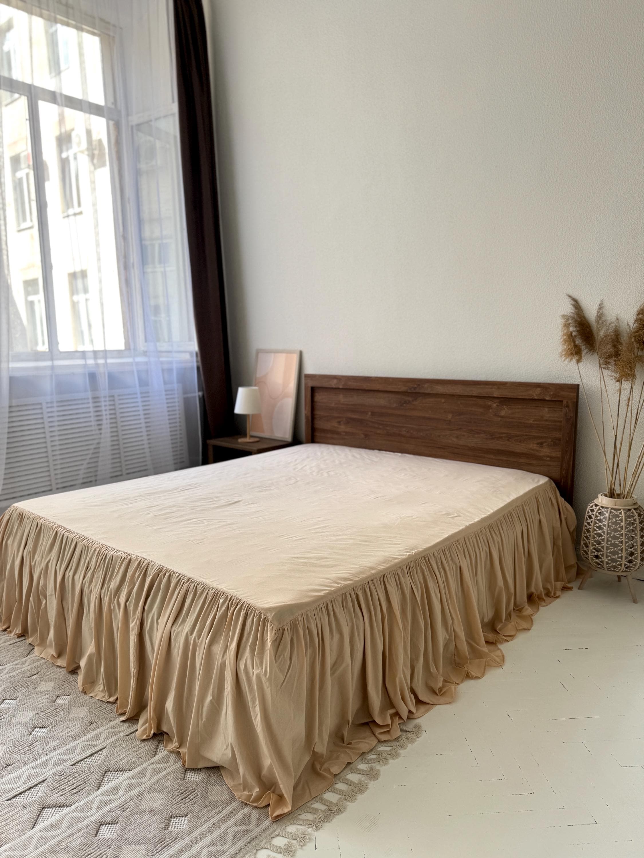 Natural 100 % Cotton Beige Bed Skirt/ruffled Bed Skirt/bed Skirt Queen ...