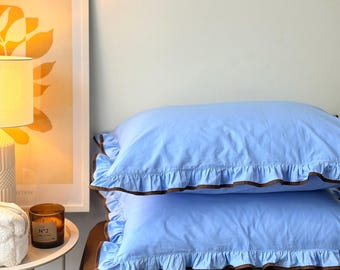 Pillowcases 2pcs blue/chocolate,  ruffles,  100% Cotton. Twin US, Queen,King,Euro. Custom size