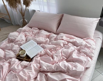 Soft and Cozy Pink 100% Cotton Bed Linen Set: Duvet Cover, Pillowcases, Fitted or Flat Sheet - Custom Sizing