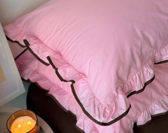 Pillowcases 2pcs pink/chocolate 100% Cotton. Twin US, Queen,King,Euro. Custom size