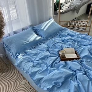 Bedding set full 100% cotton with ruffles.4 Piece Set : Duvet Cover, 2 Pillowcases, Fitted Sheet or Flat Sheet.Custom Size