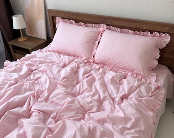 Light Pink Ruffle Cotton Bedding Set: Custom Size Boho Bedroom
