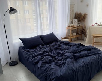 Bed linen set full Dark Blue 100% cotton .4 Piece Set : Duvet Cover, 2 Pillowcases, Fitted Sheet or Flat Sheet.Custom Size