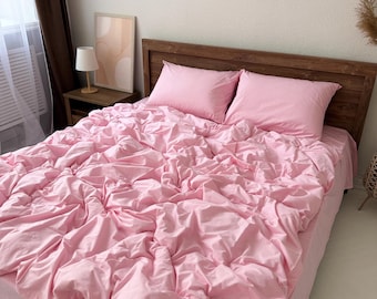 Bed linen set full Pink soft 100% cotton.4 Piece Set : Duvet Cover, 2 Pillowcases, Fitted Sheet or Flat Sheet.Custom Size